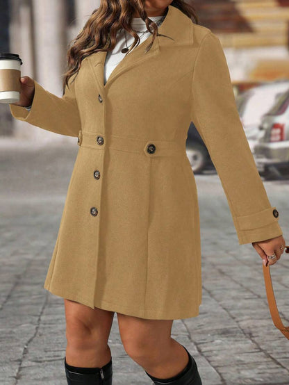 Plus Size Knit Coat Black Lapel Button Decor Waisted Midi