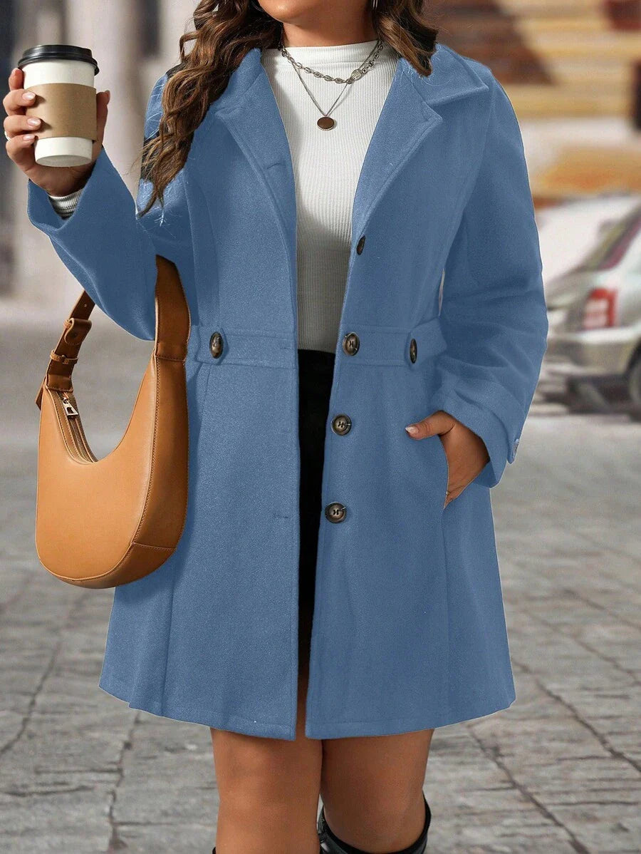 Plus Size Knit Coat Black Lapel Button Decor Waisted Midi
