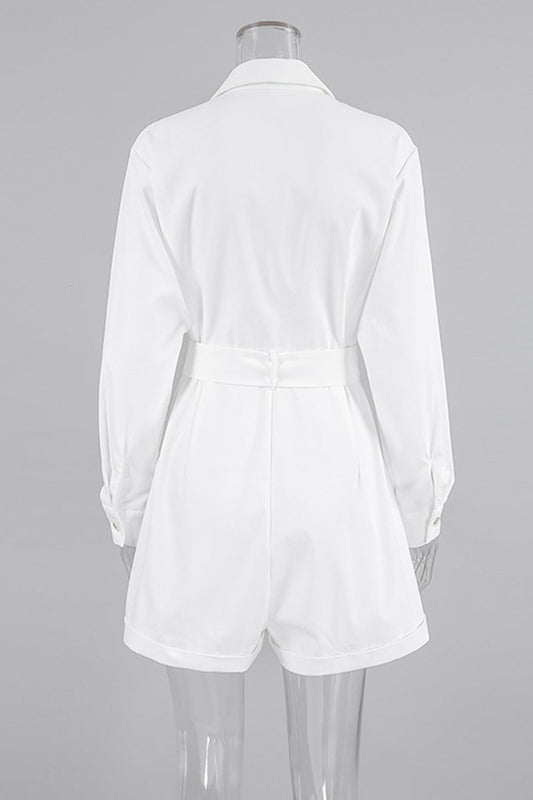 Casual Daily Pocket Buttons With Belt Turndown Collar Loose Rompers