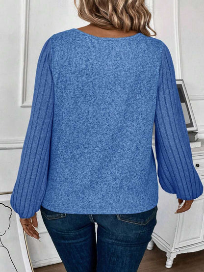 Plus Size V Neck T Shirt With Warm Lining And Bishop Sleeve