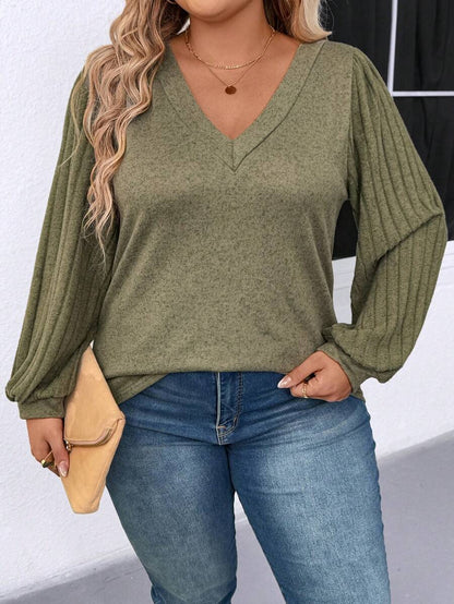 Plus Size V Neck T Shirt With Warm Lining And Bishop Sleeve