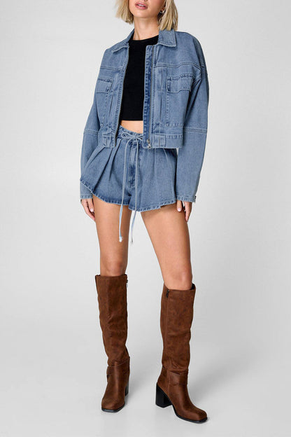 Casual Pocket Zipper Turndown Collar Long Sleeve Two Pieces