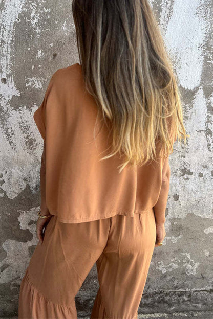 Casual Pocket Lace Up Flounce O Neck Short Sleeve Two Pieces(3 Colors)