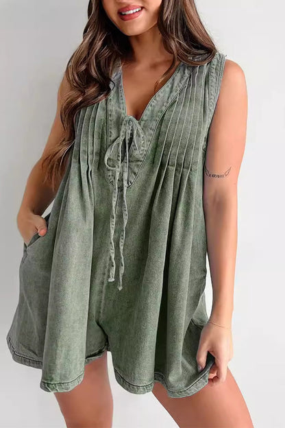 Casual Street Pocket Lace Up V Neck Sleeveless Loose Denim Jumpsuits(9 Colors)
