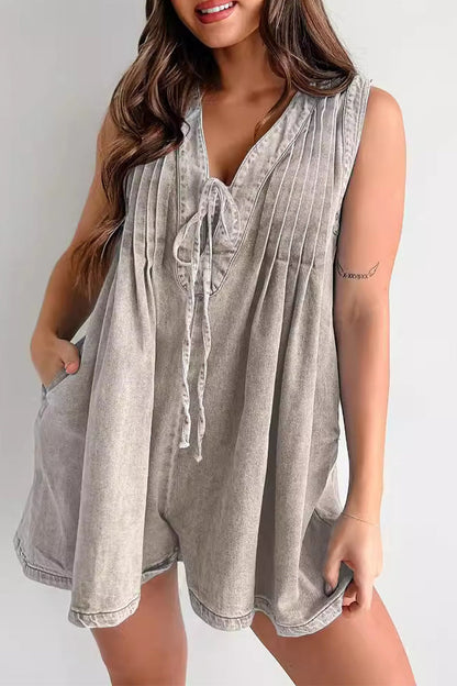 Casual Street Pocket Lace Up V Neck Sleeveless Loose Denim Jumpsuits(9 Colors)