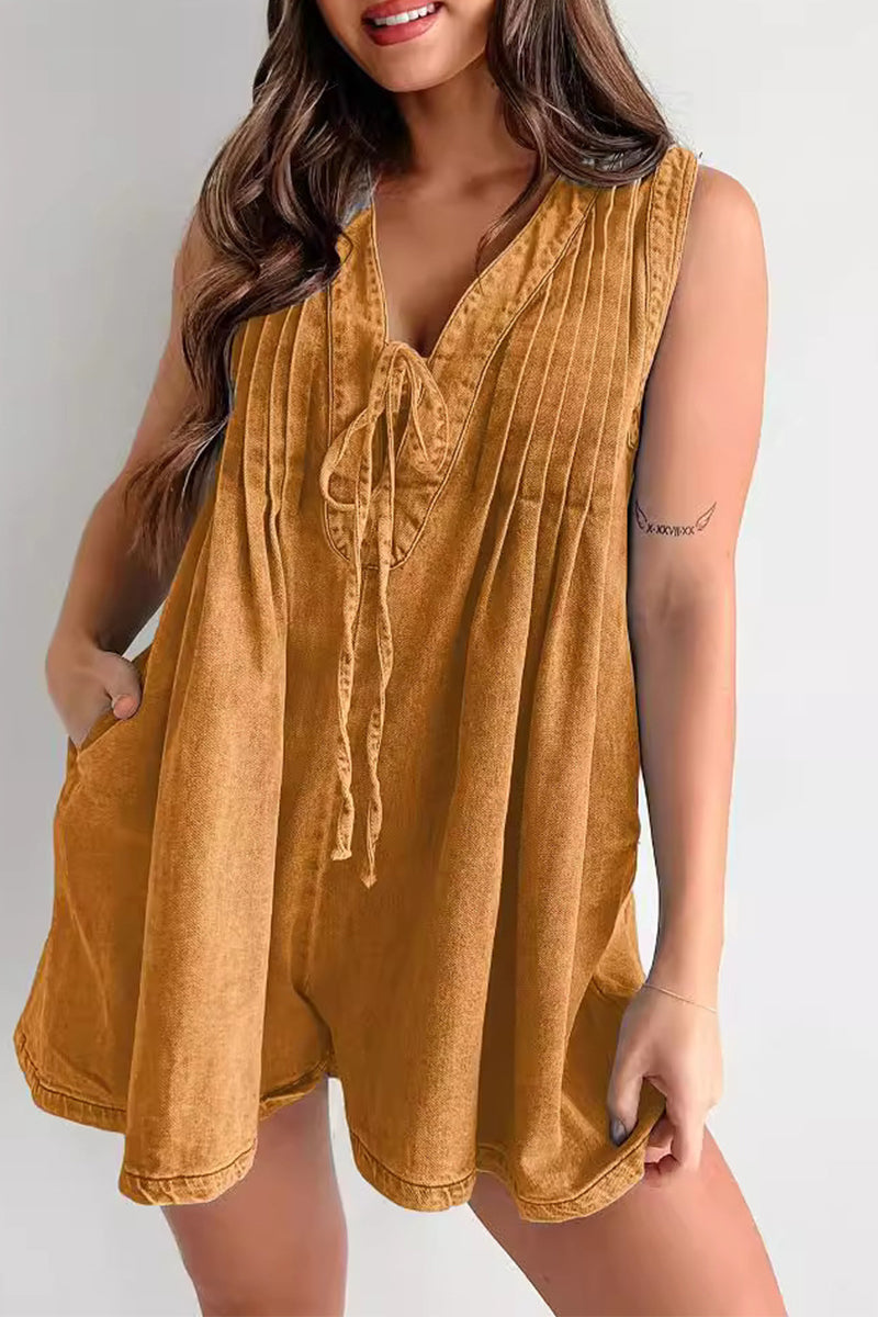 Casual Street Pocket Lace Up V Neck Sleeveless Loose Denim Jumpsuits(9 Colors)