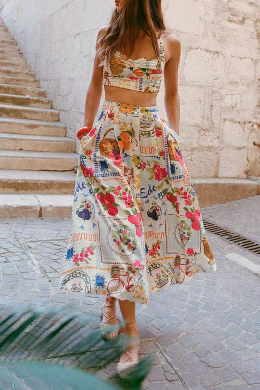 Elegant Floral Print Pocket Ruched Contrast Square Neck Sleeveless Two Pieces