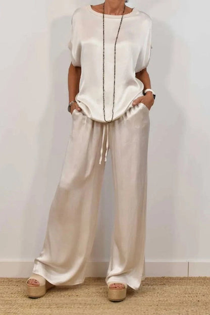Casual Draw String Pocket O Neck Short Sleeve Two Pieces(4 Colors)