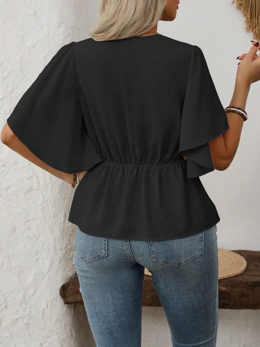 Plus Size Elegant V Neck Button Front Blouse Flared Sleeves