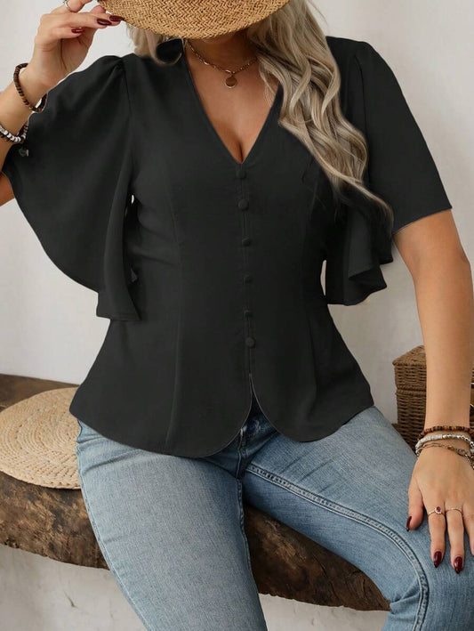 Plus Size Elegant V Neck Button Front Blouse Flared Sleeves