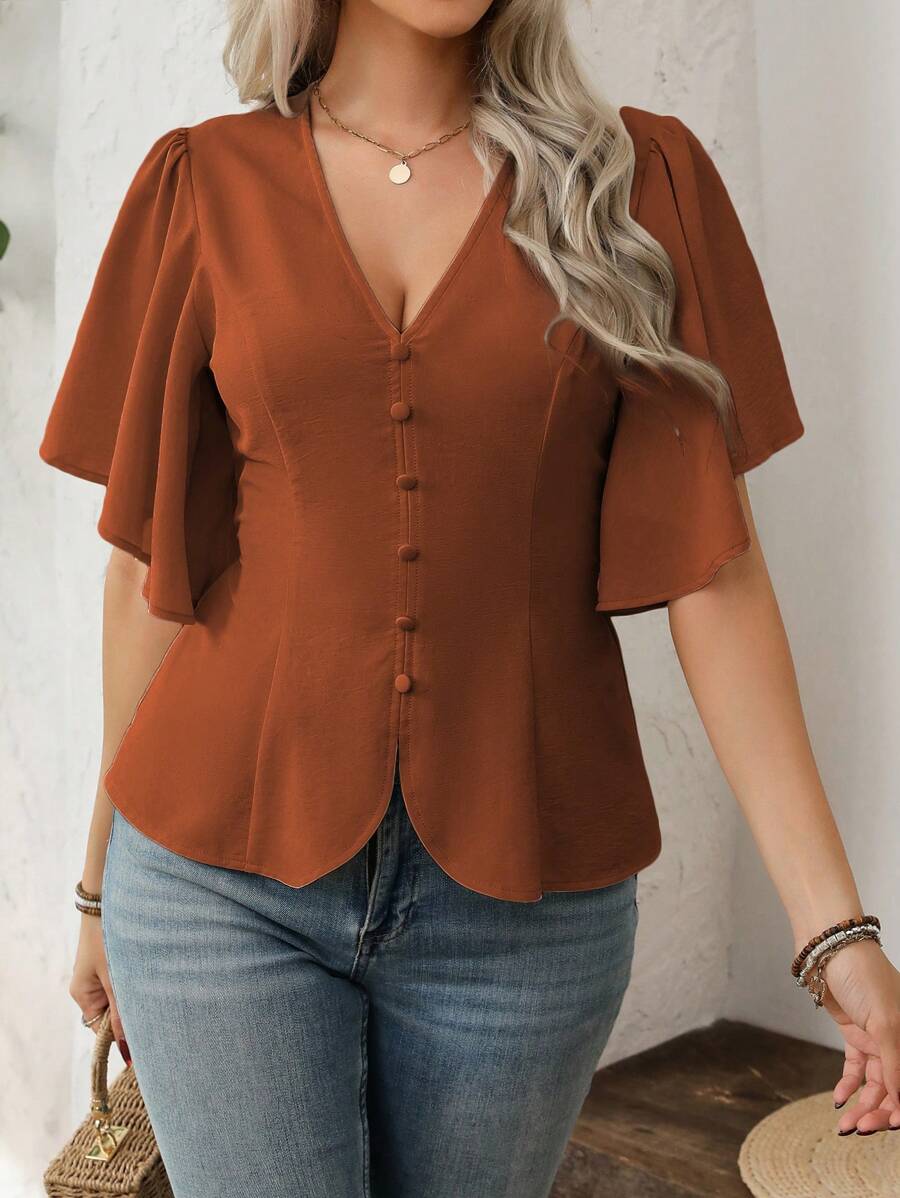 Plus Size Elegant V Neck Button Front Blouse Flared Sleeves