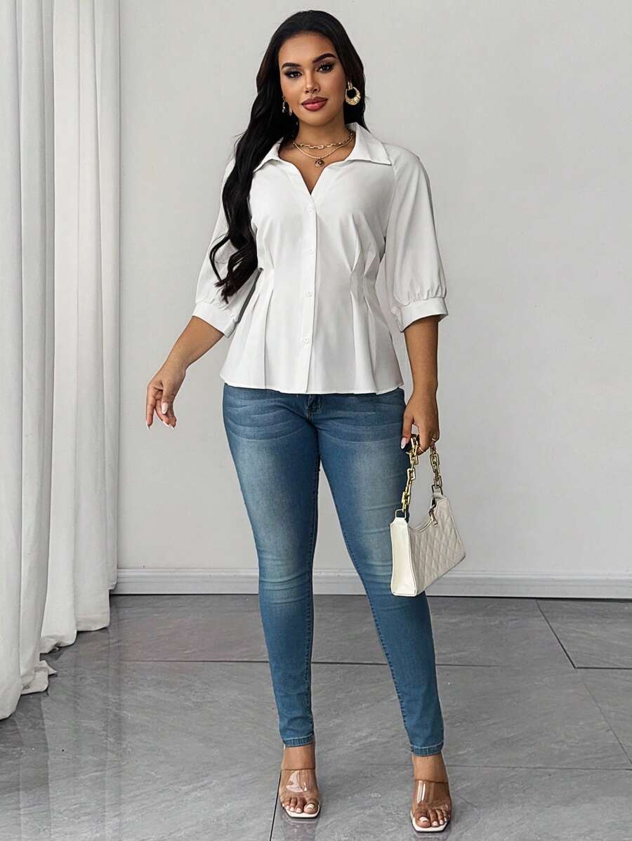 Plus Size Collared Blouse With Ruched Waist Elegant Fit