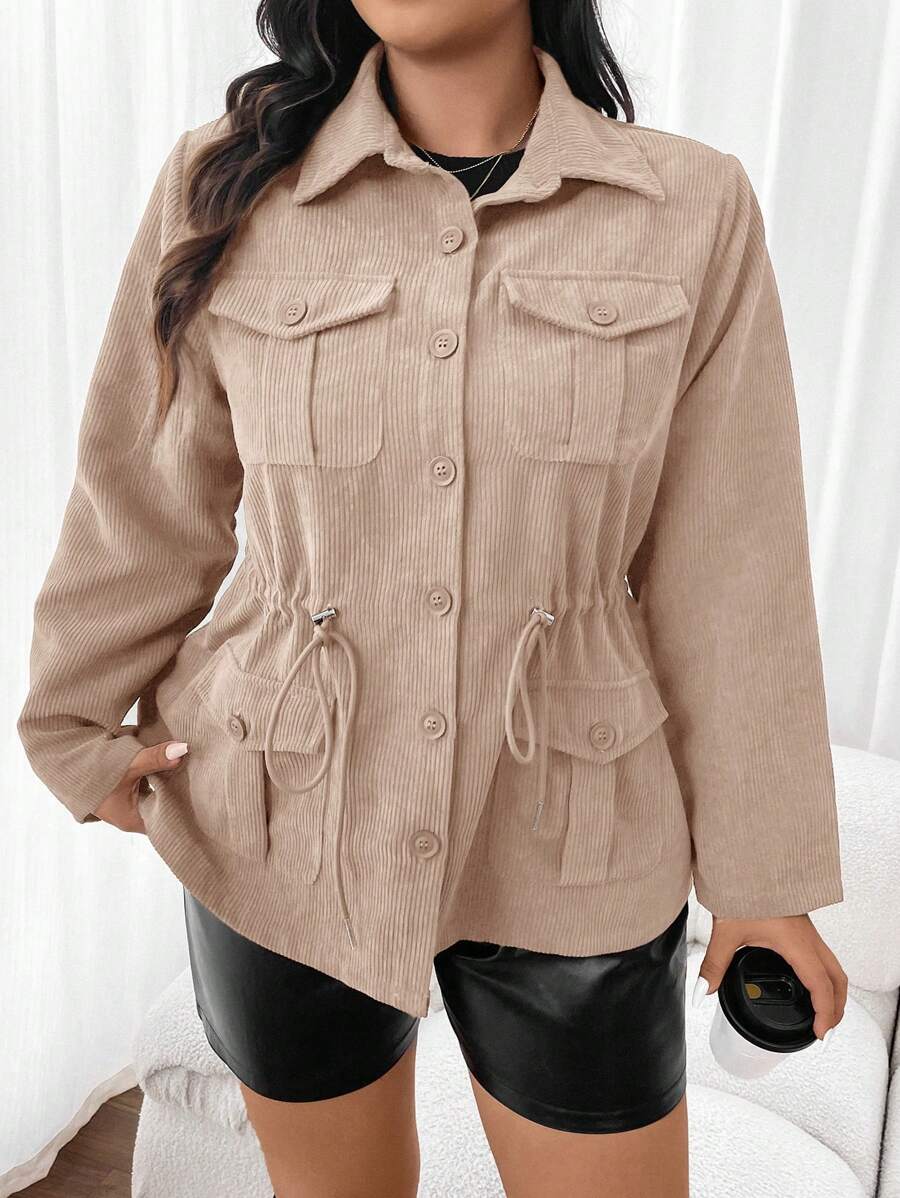 Corduroy Drawstring Waist Jacket For Everyday Casual Wear