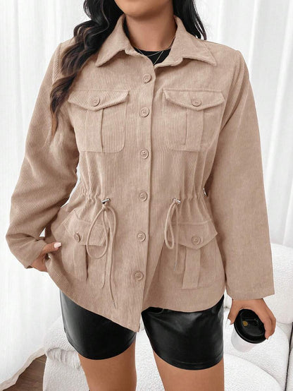 Corduroy Drawstring Waist Jacket For Everyday Casual Wear