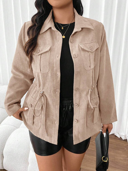Corduroy Drawstring Waist Jacket For Everyday Casual Wear