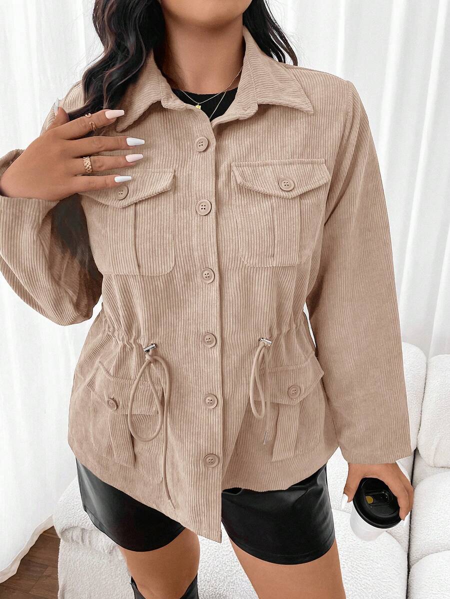 Corduroy Drawstring Waist Jacket For Everyday Casual Wear