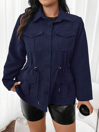 Corduroy Drawstring Waist Jacket For Everyday Casual Wear