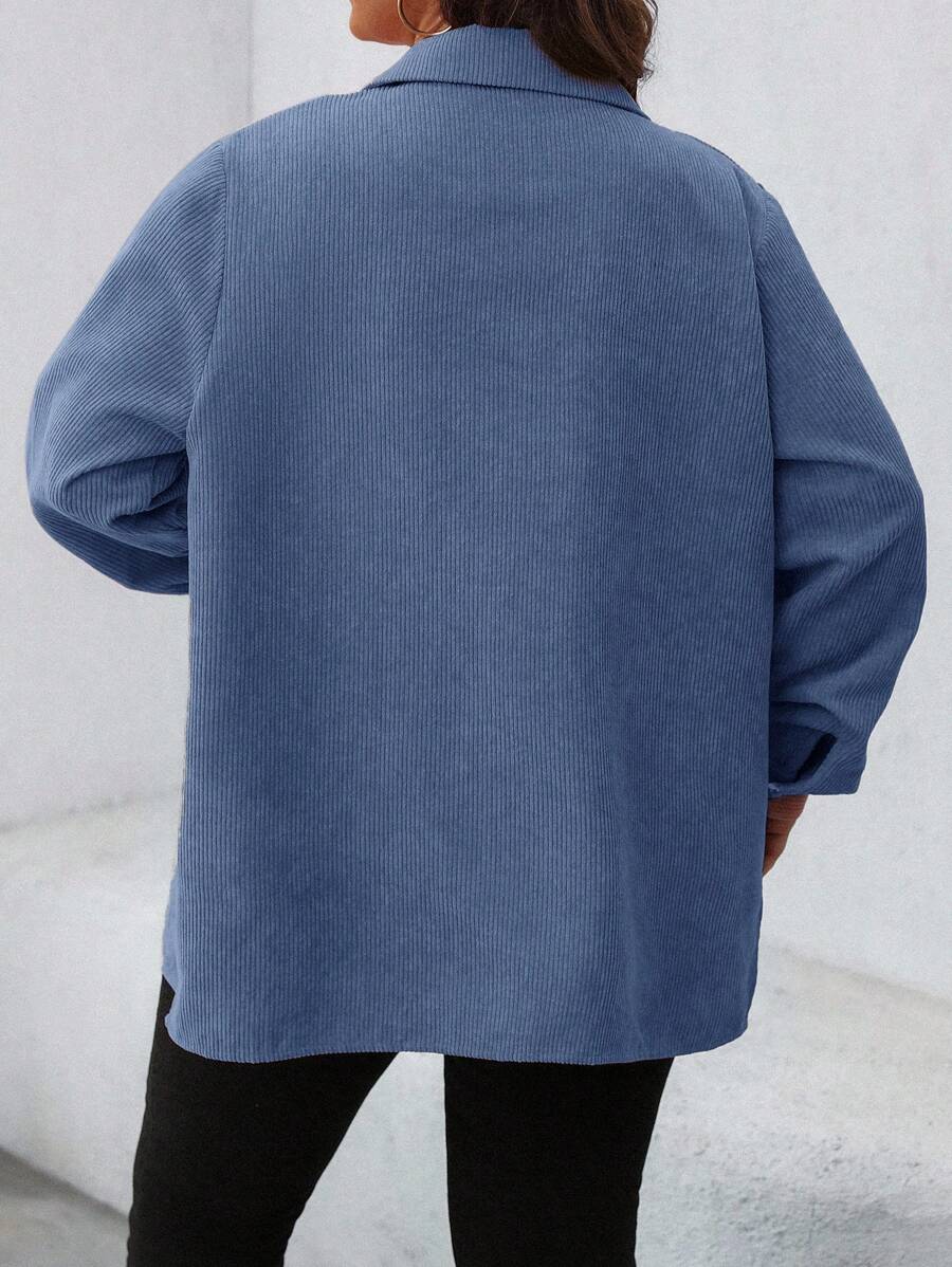 Plus Size Corduroy Shacket Single Breasted Blue Long Sleeve