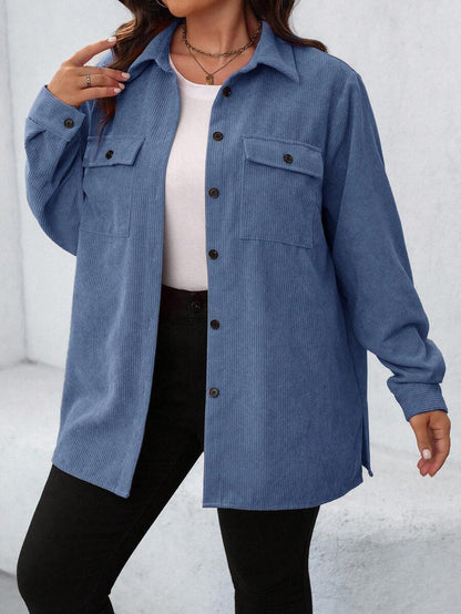 Plus Size Corduroy Shacket Single Breasted Blue Long Sleeve