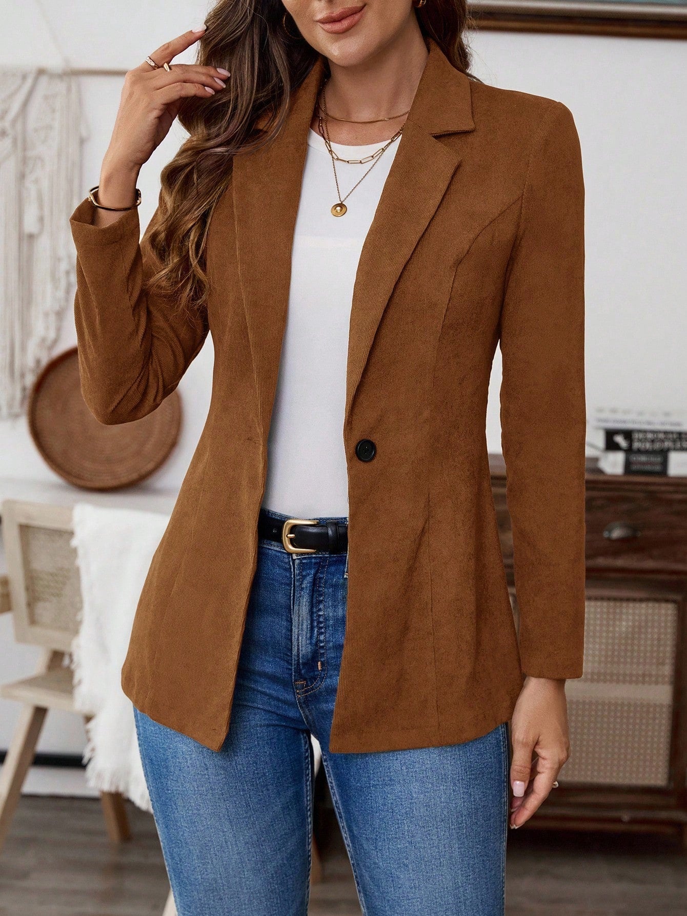 Mocha Brown Lapel Blazer With Woven Fabric And Rib Knit