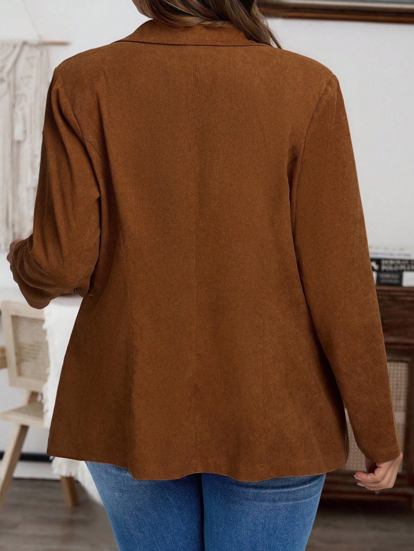 Mocha Brown Lapel Blazer With Woven Fabric And Rib Knit
