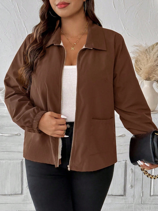 Plus Size Fleece Lined Zip Front Casual Jacket With Pockets
