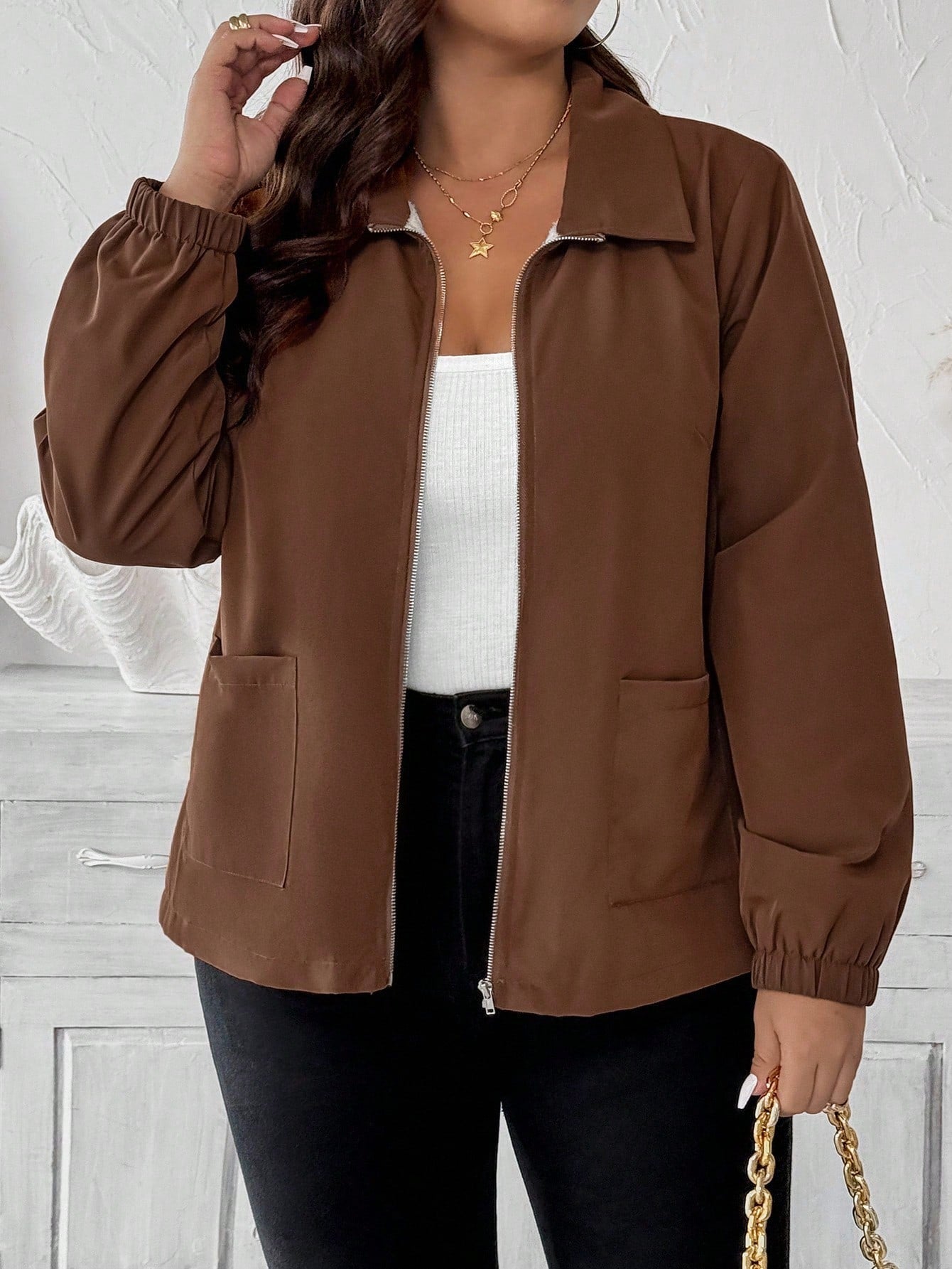 Plus Size Fleece Lined Zip Front Casual Jacket With Pockets