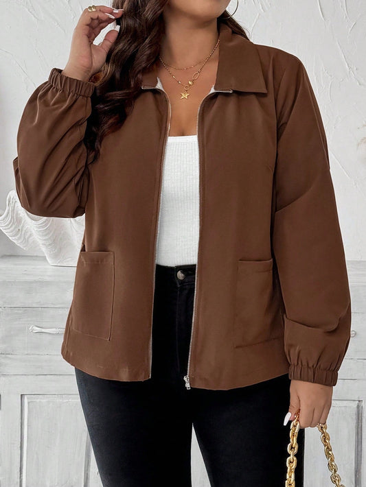 Plus Size Fleece Lined Zip Front Casual Jacket With Pockets