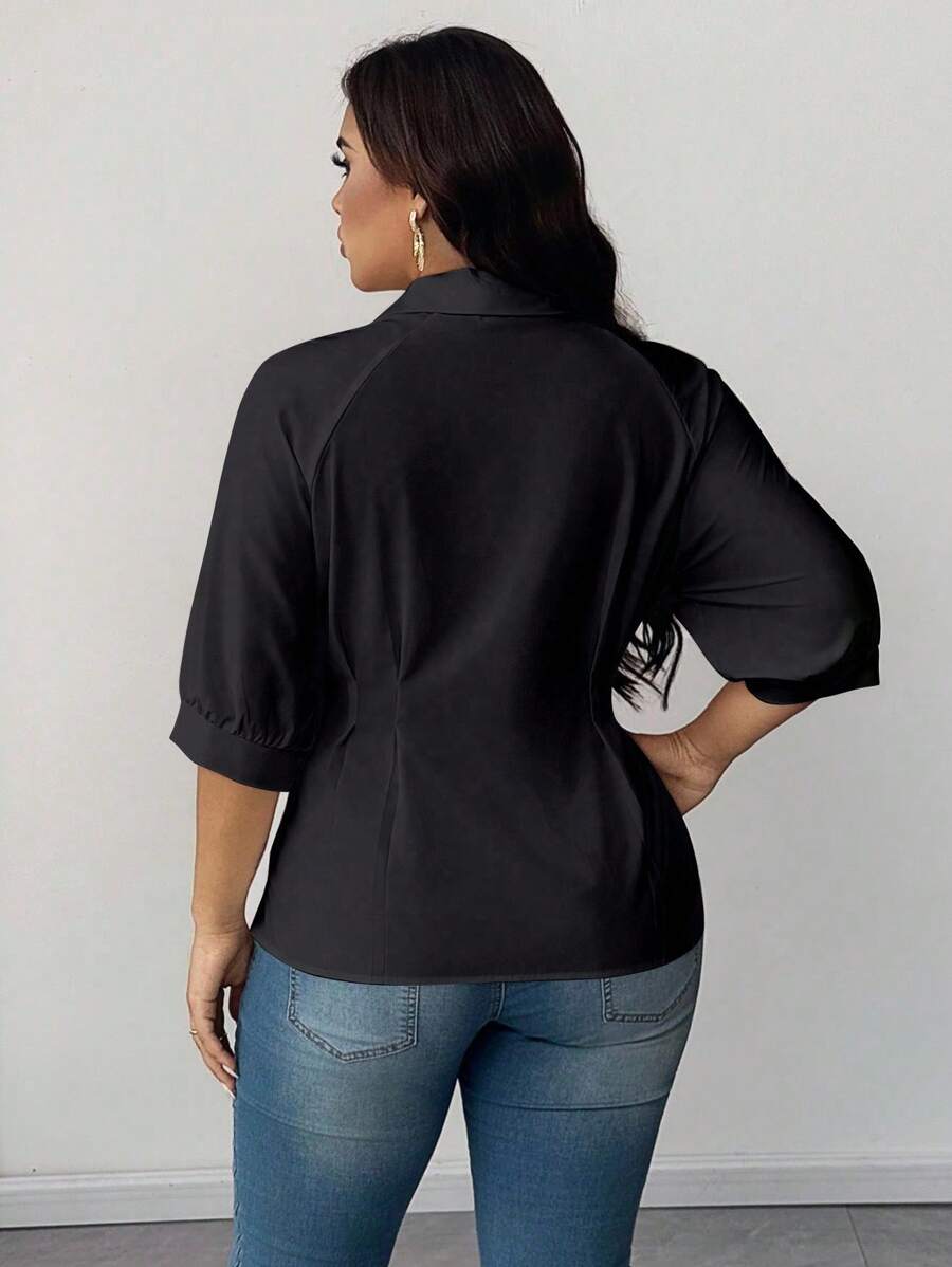 Plus Size Collared Blouse With Ruched Waist Elegant Fit