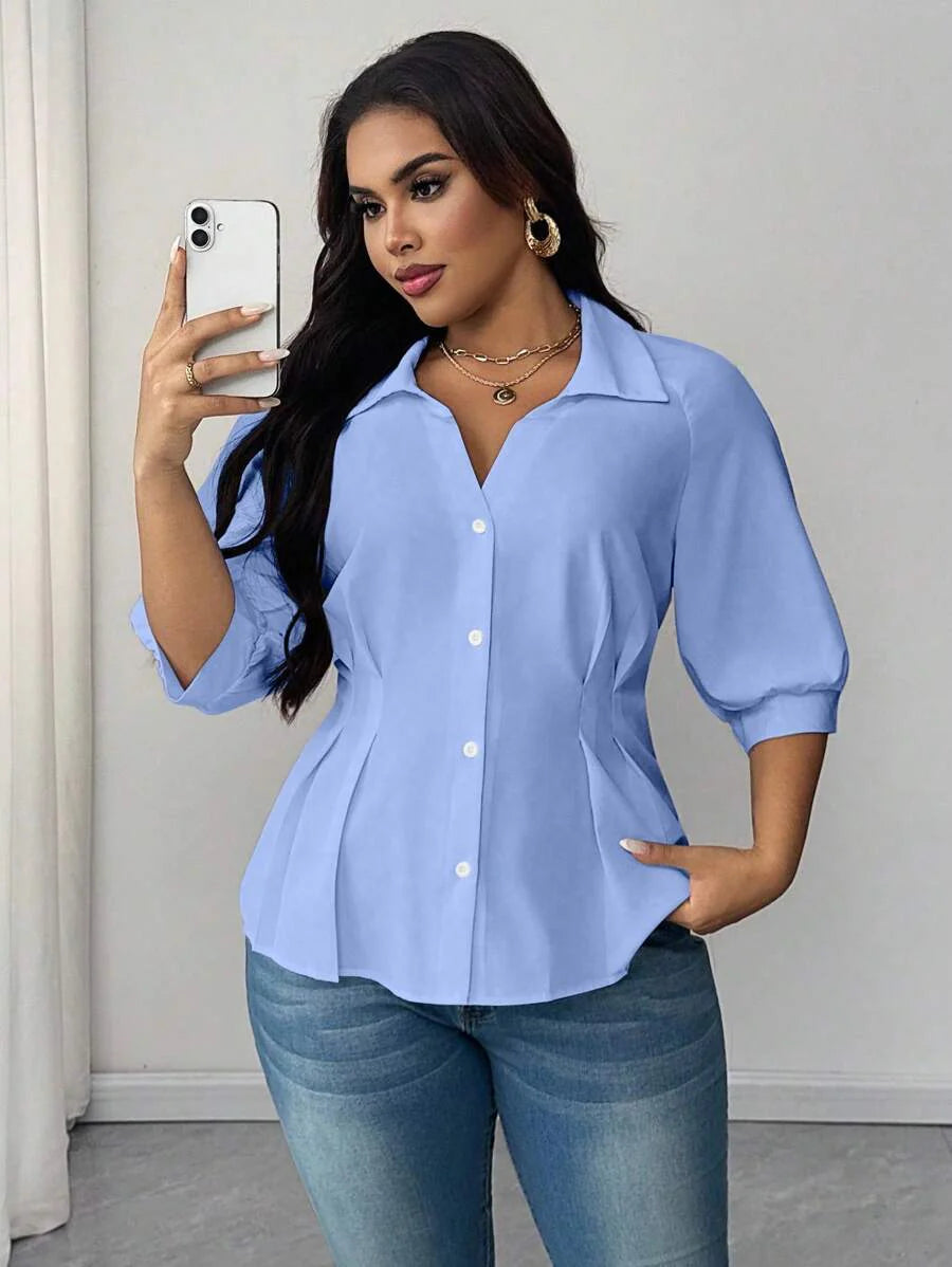 Plus Size Collared Blouse With Ruched Waist Elegant Fit
