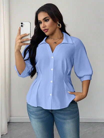 Plus Size Collared Blouse With Ruched Waist Elegant Fit