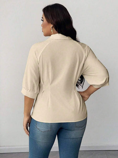 Plus Size Collared Blouse With Ruched Waist Elegant Fit