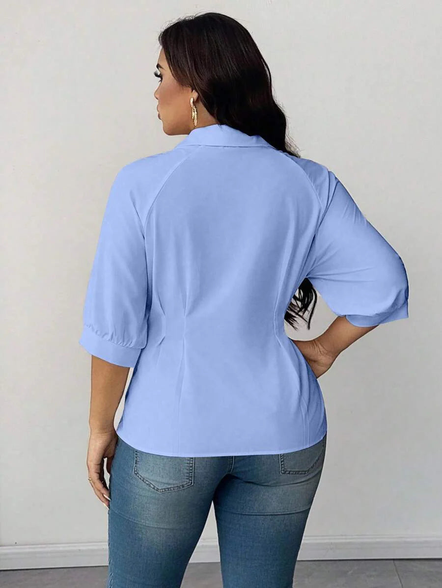 Plus Size Collared Blouse With Ruched Waist Elegant Fit