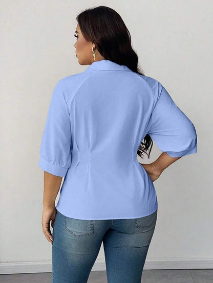 Plus Size Collared Blouse With Ruched Waist Elegant Fit