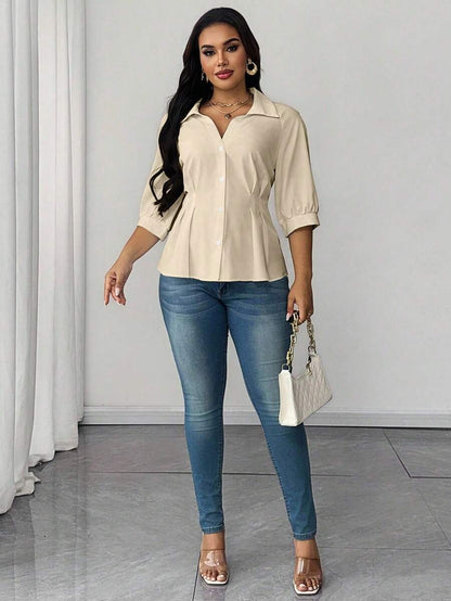 Plus Size Collared Blouse With Ruched Waist Elegant Fit