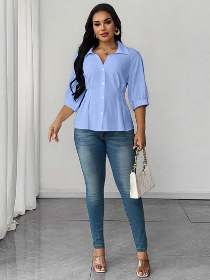 Plus Size Collared Blouse With Ruched Waist Elegant Fit