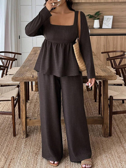 Plus Size Army Green Square Neck Two Piece Set Comfort
