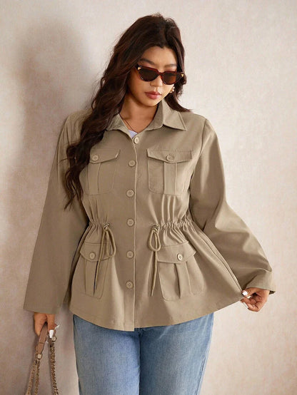 Corduroy Drawstring Waist Jacket For Everyday Casual Wear