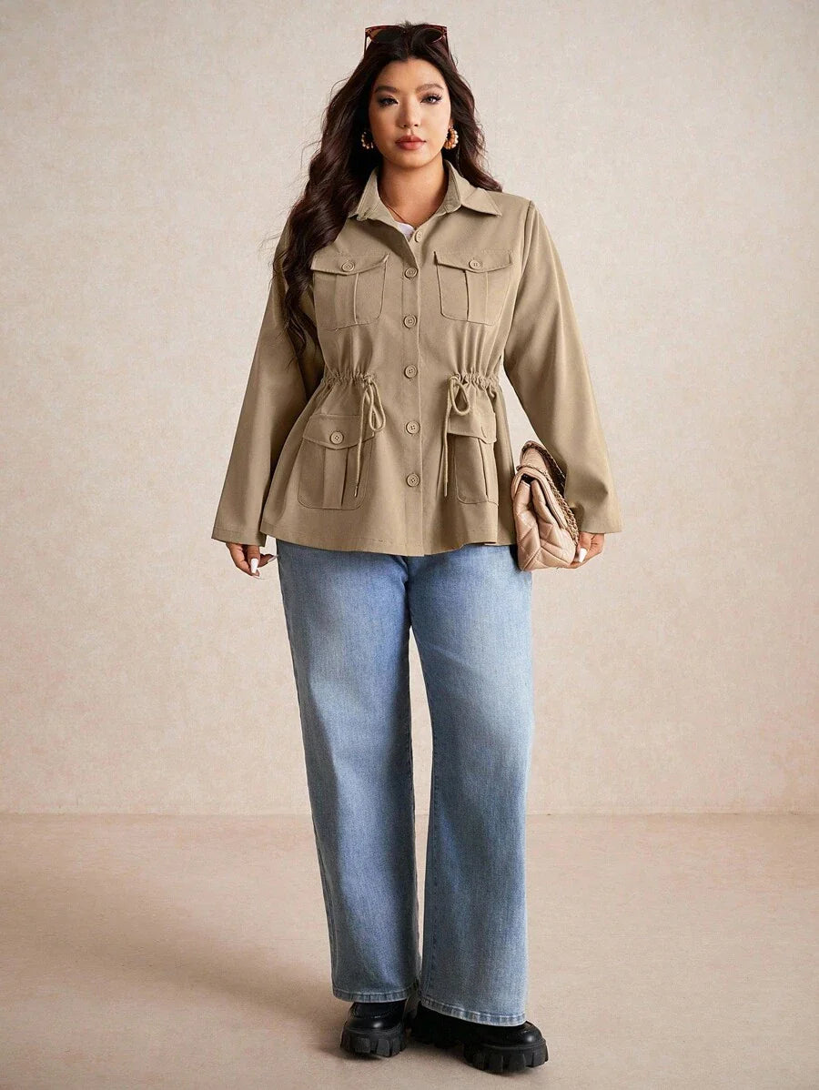 Corduroy Drawstring Waist Jacket For Everyday Casual Wear