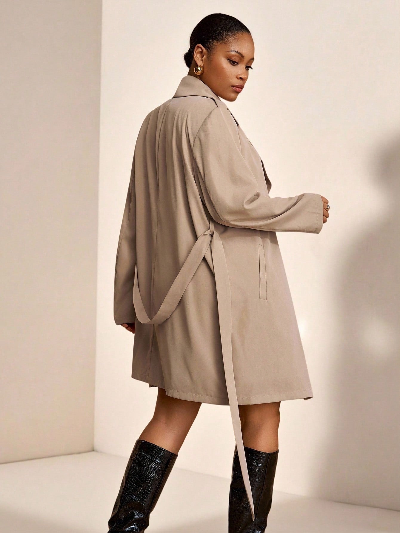 Plus Size Trench Coat Two Piece Belted Beige Minimalist