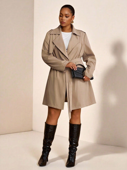 Plus Size Trench Coat Two Piece Belted Beige Minimalist