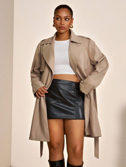 Plus Size Trench Coat Two Piece Belted Beige Minimalist
