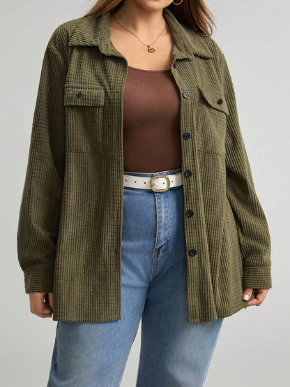 Plus Size Corduroy Shacket Single Breasted Blue Long Sleeve