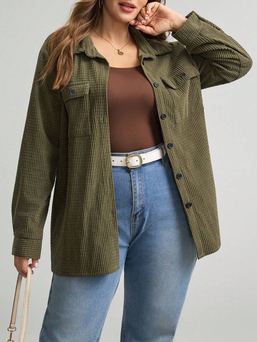 Plus Size Corduroy Shacket Single Breasted Blue Long Sleeve