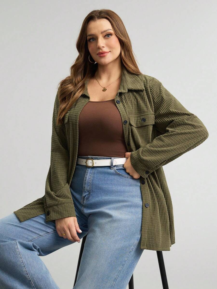 Plus Size Corduroy Shacket Single Breasted Blue Long Sleeve