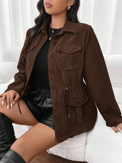 Corduroy Drawstring Waist Jacket For Everyday Casual Wear
