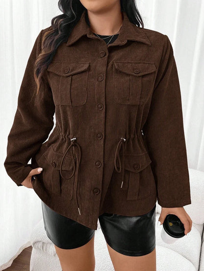Corduroy Drawstring Waist Jacket For Everyday Casual Wear