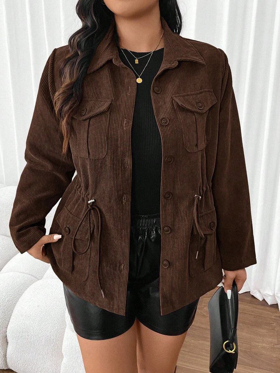 Corduroy Drawstring Waist Jacket For Everyday Casual Wear