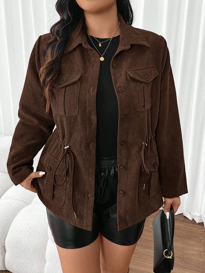 Corduroy Drawstring Waist Jacket For Everyday Casual Wear