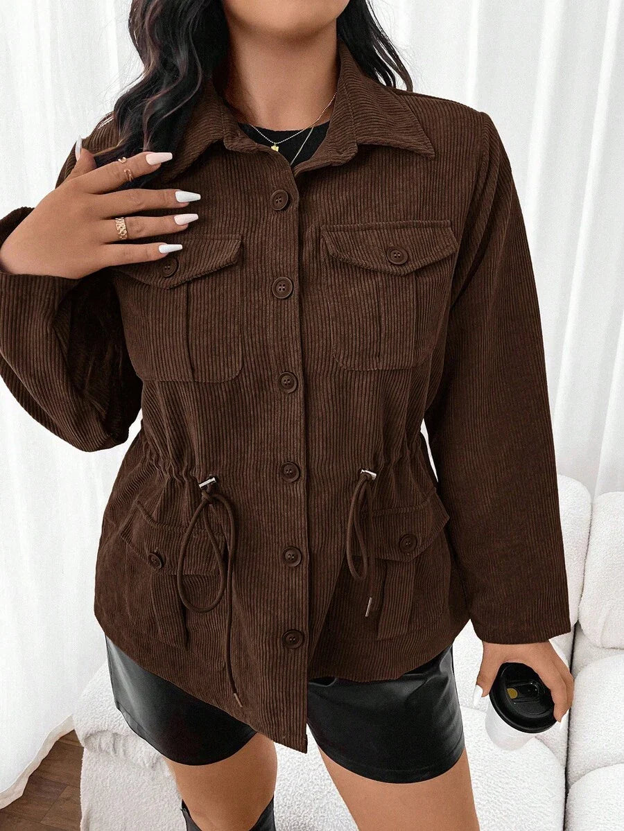 Corduroy Drawstring Waist Jacket For Everyday Casual Wear